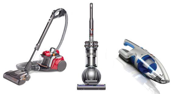 A canister, handheld and upright vacuum side by side on white bg